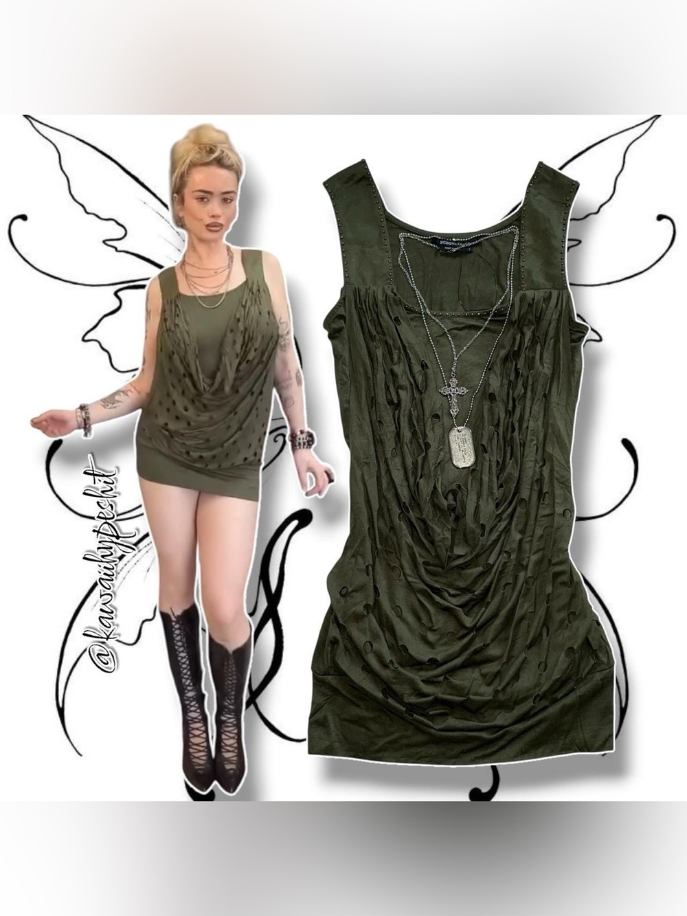 Vintage Y2K BCBG Sleeveless Long Tank Top/Mini Dress in Olive Green